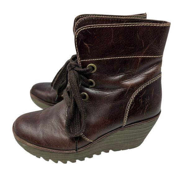 Fly London Dark Brown Leather Lace Up Yip Ruched Ankle Wedge Boots Size 39 -8/5 - Picture 7 of 8